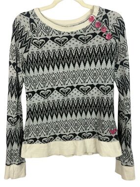 Roxy Fair Isle Intarsia Knit Long Sleeve Top Pink Accent Buttons Large